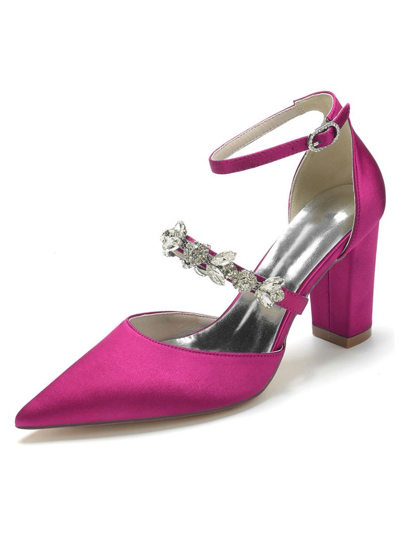 Sapatos Casamento Femininos Strass Cetim Bico Fino Salto Grosso Noiva - Rosa