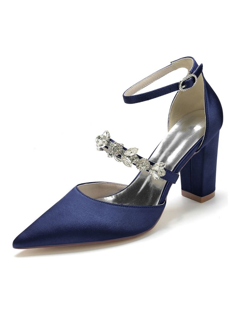 Sapatos Casamento Femininos Strass Cetim Bico Fino Salto Grosso Noiva - Azul Profundo