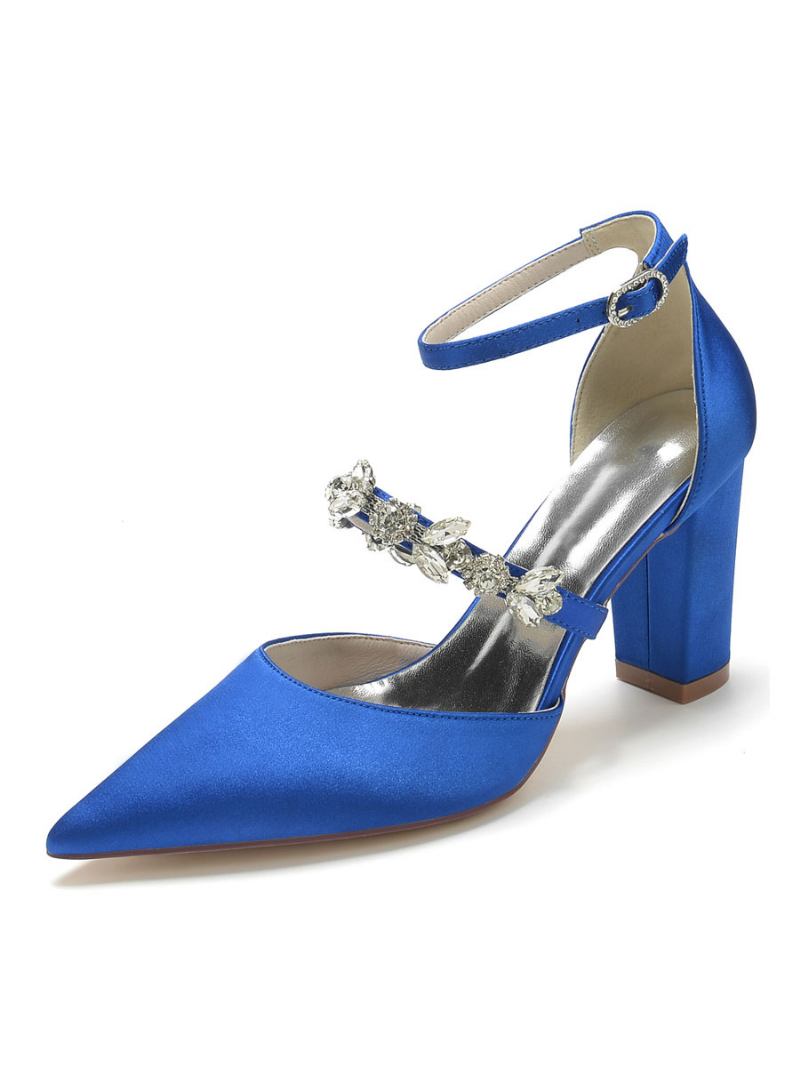 Sapatos Casamento Femininos Strass Cetim Bico Fino Salto Grosso Noiva - Azul Royal