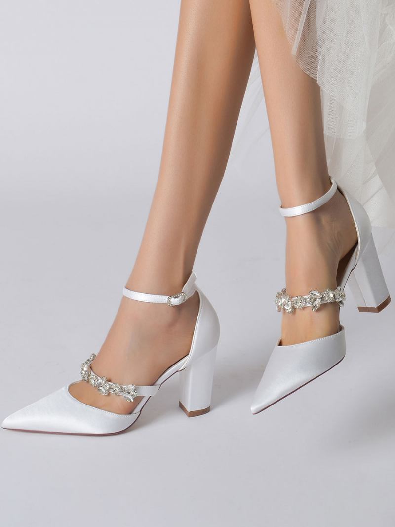 Sapatos Casamento Femininos Strass Cetim Bico Fino Salto Grosso Noiva - Branco