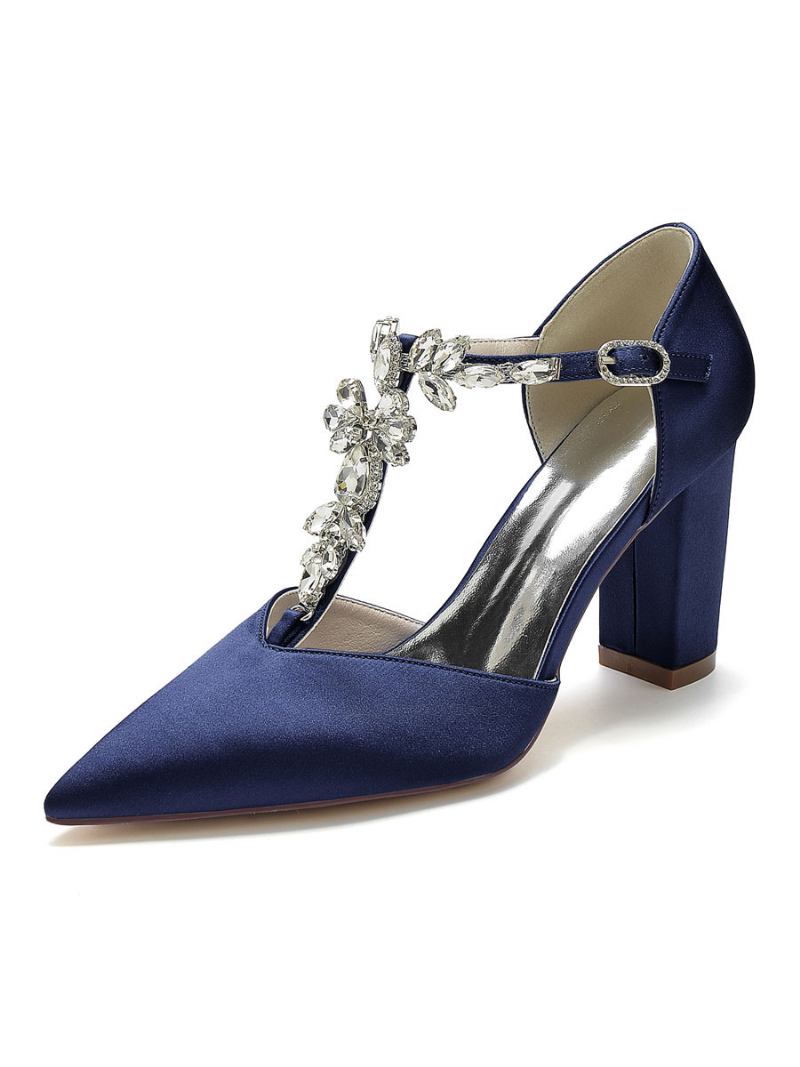 Sapatos Casamento Femininos Strass Cetim Bico Fino Salto Grosso Noiva - Azul Profundo