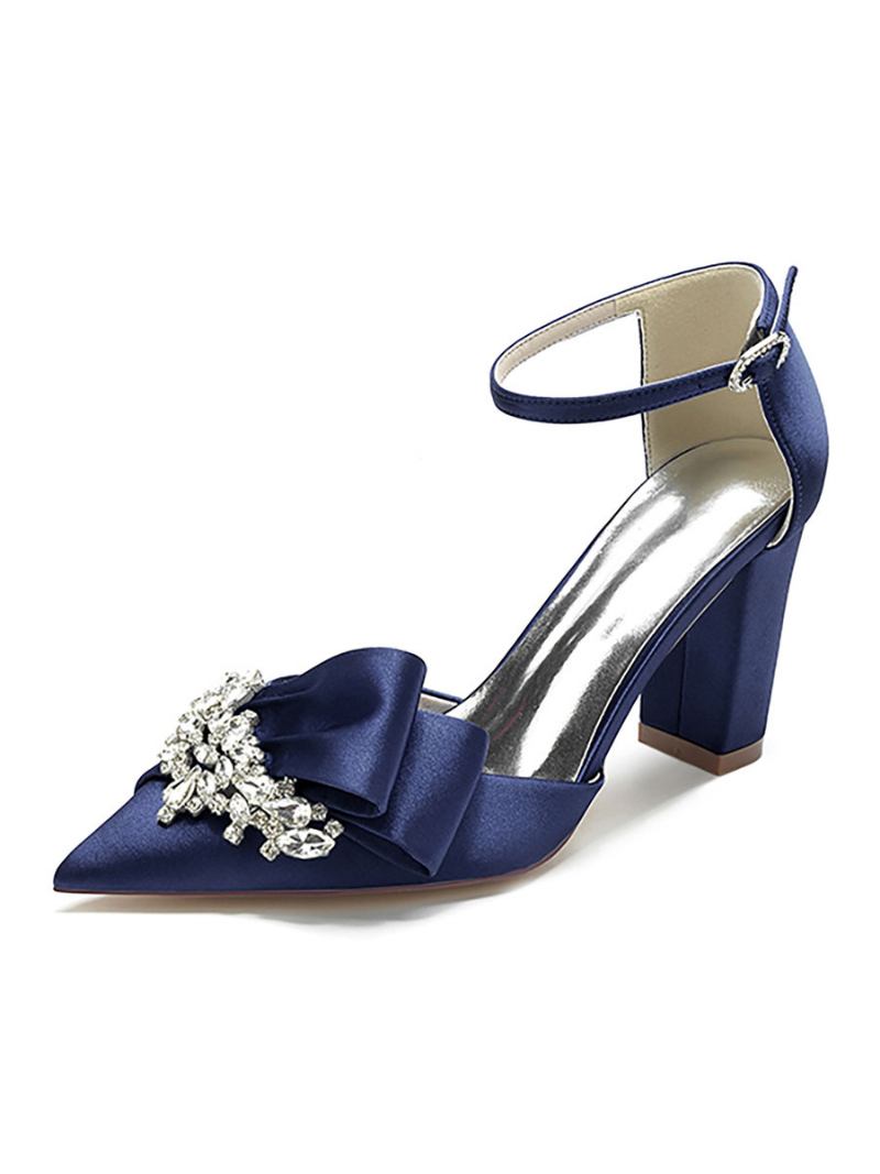 Sapatos Casamento Femininos Strass Cetim Bico Fino Salto Grosso Noiva - Azul Profundo