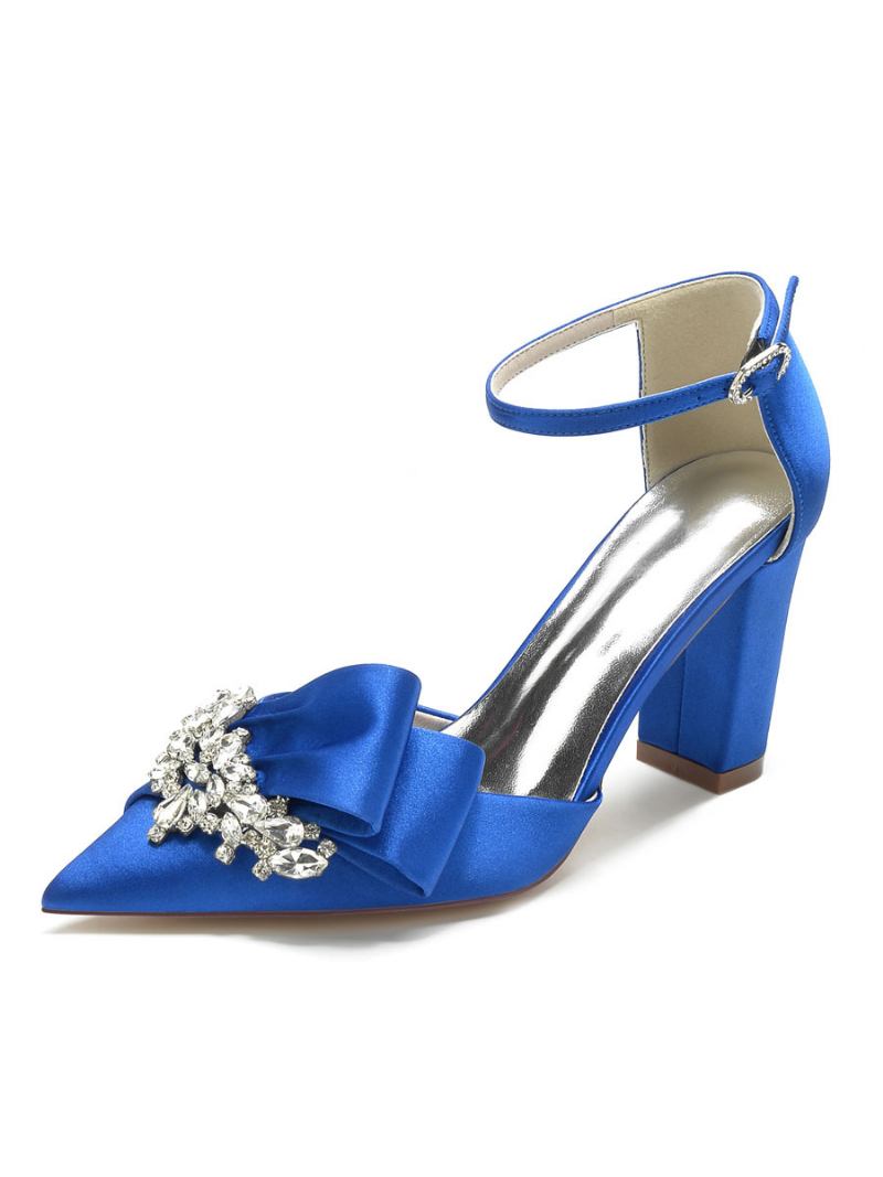 Sapatos Casamento Femininos Strass Cetim Bico Fino Salto Grosso Noiva - Azul Royal