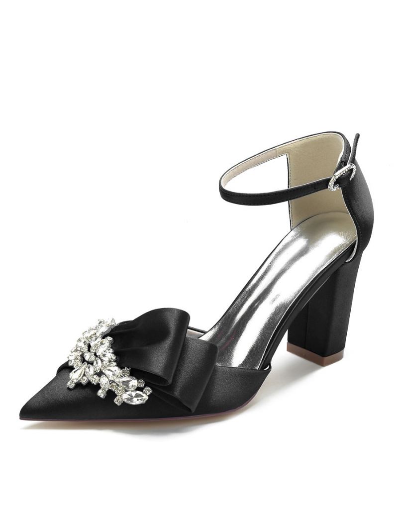 Sapatos Casamento Femininos Strass Cetim Bico Fino Salto Grosso Noiva - Preto