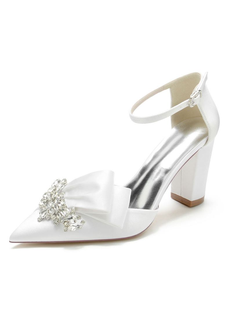 Sapatos Casamento Femininos Strass Cetim Bico Fino Salto Grosso Noiva - Branco