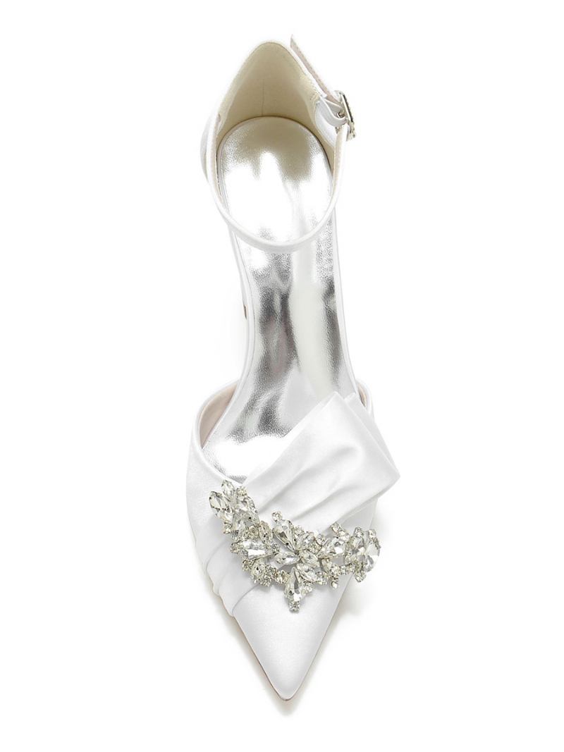 Sapatos Casamento Femininos Strass Cetim Bico Fino Salto Grosso Noiva - Branco