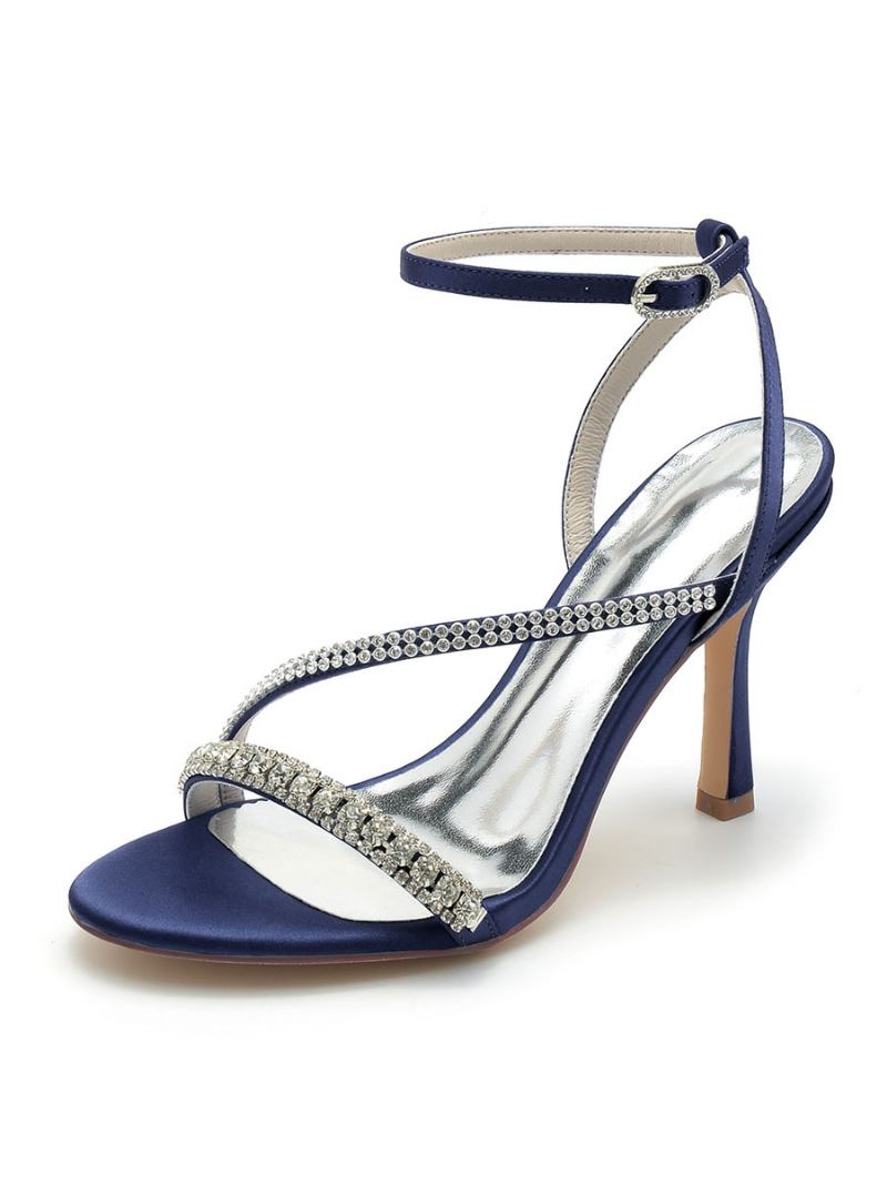 Sapatos Casamento Femininos Strass Cetim Dedo Do Pé Aberto Salto Agulha Noiva - Azul Profundo