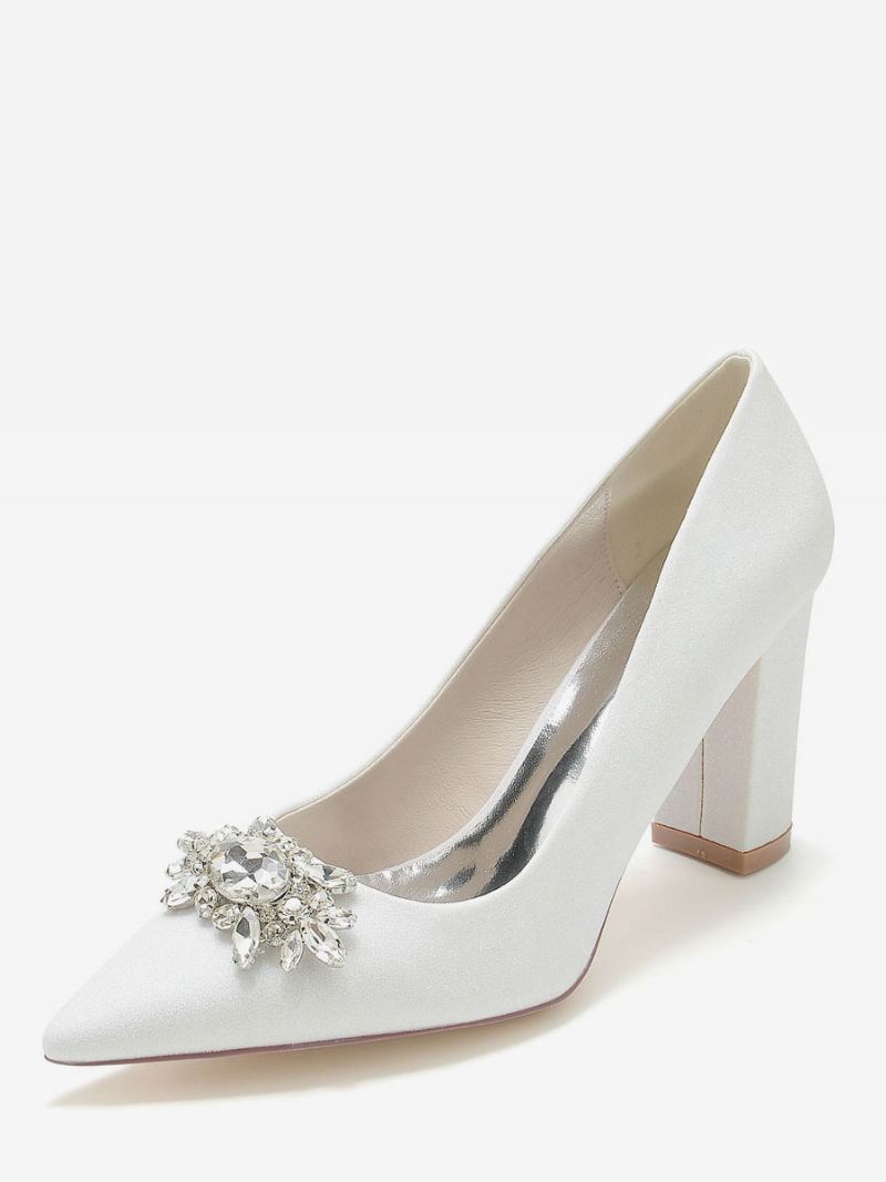 Sapatos Casamento Femininos Strass Pano Lantejoulas Bico Fino Salto Grosso Noiva - Branco