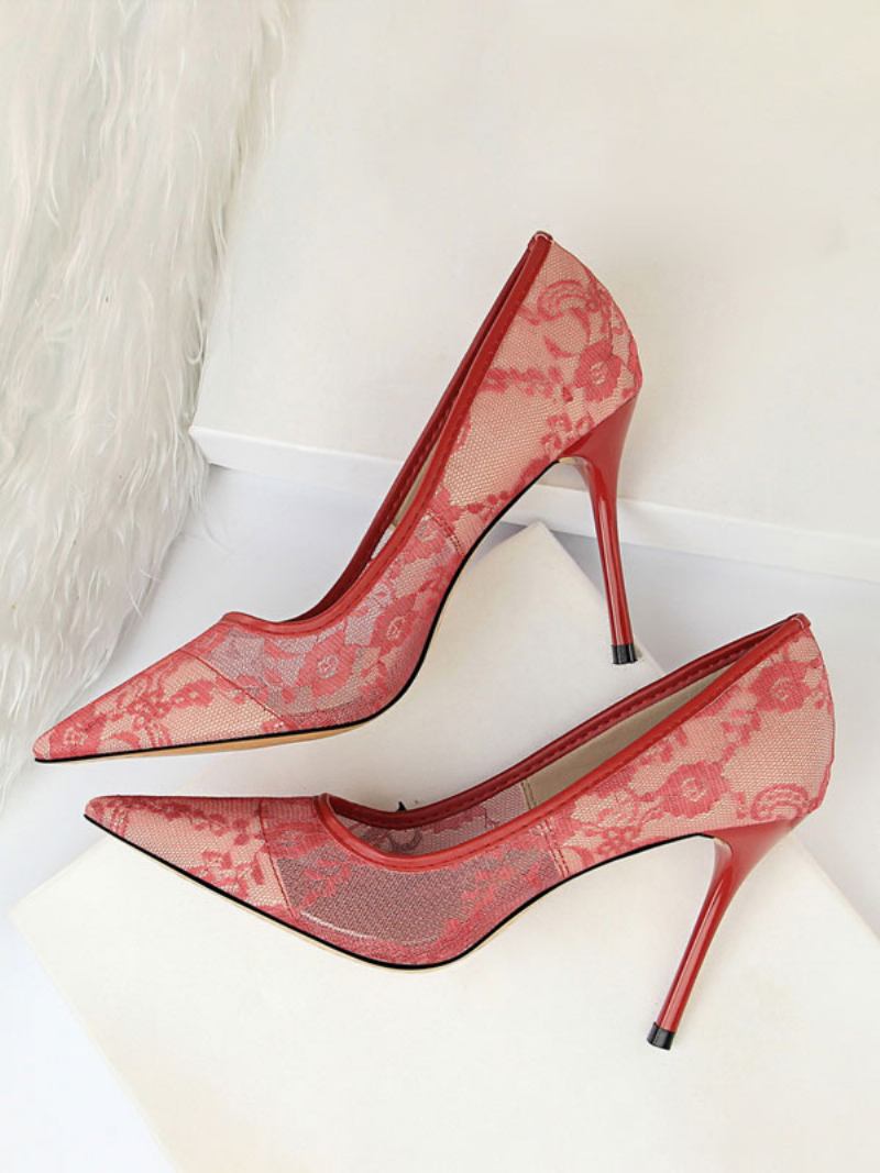 Sapatos Casamento Pretos Femininos Com Renda Bico Fino E Salto Alto - Vermelho