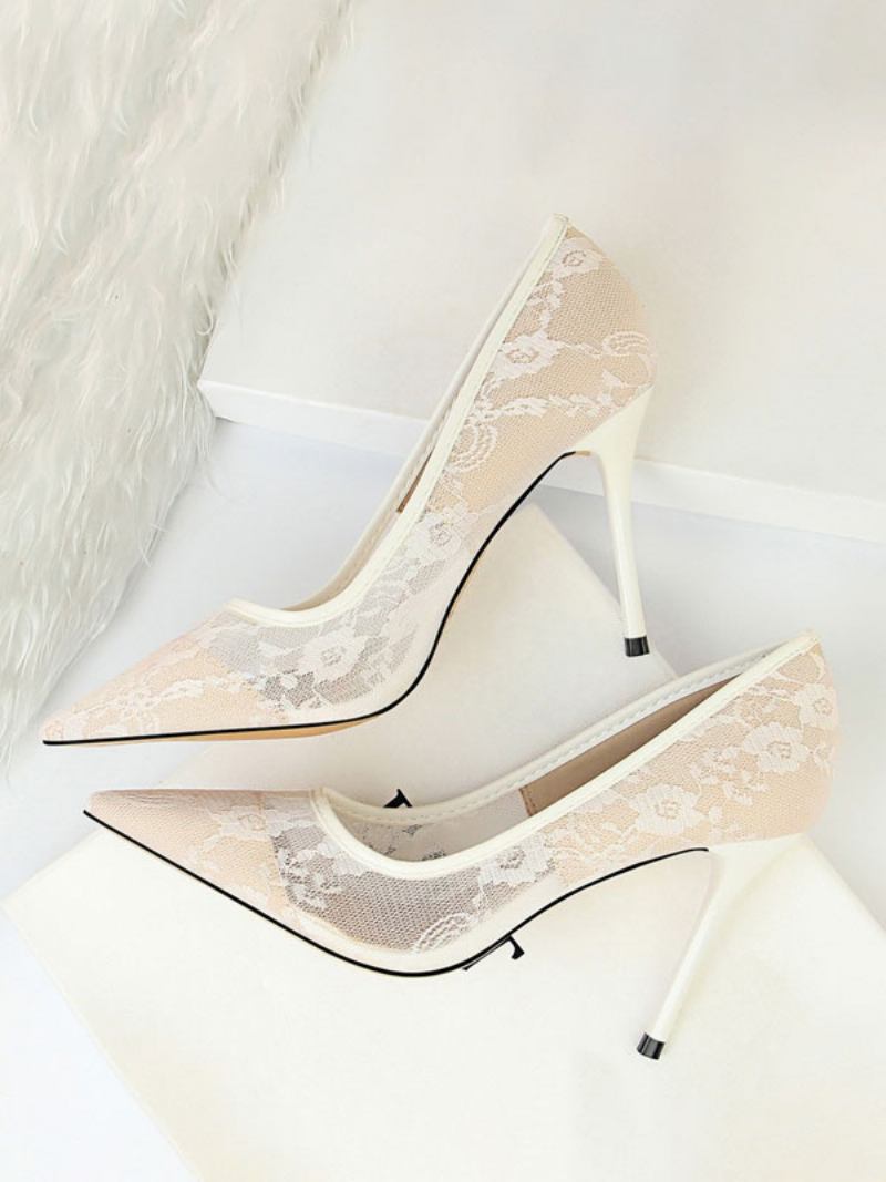 Sapatos Casamento Pretos Femininos Com Renda Bico Fino E Salto Alto - Branco