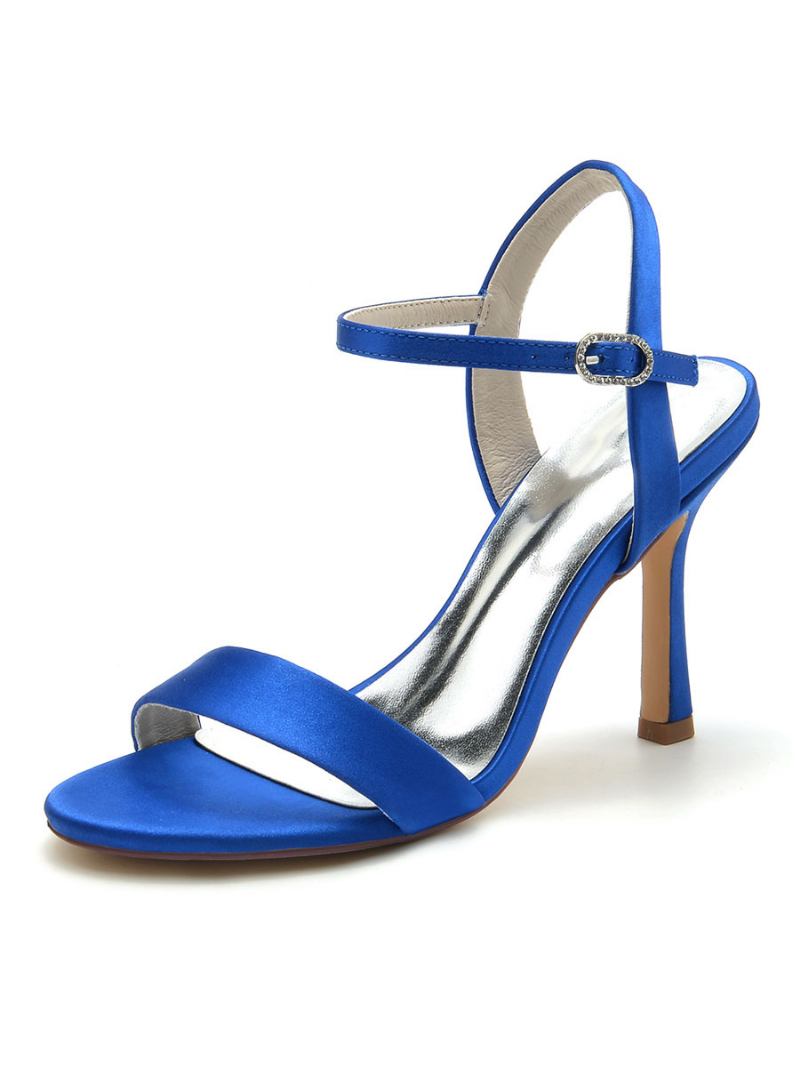 Sapatos Femininos Casamento Cetim Com Bico Aberto E Salto Grosso - Azul Royal