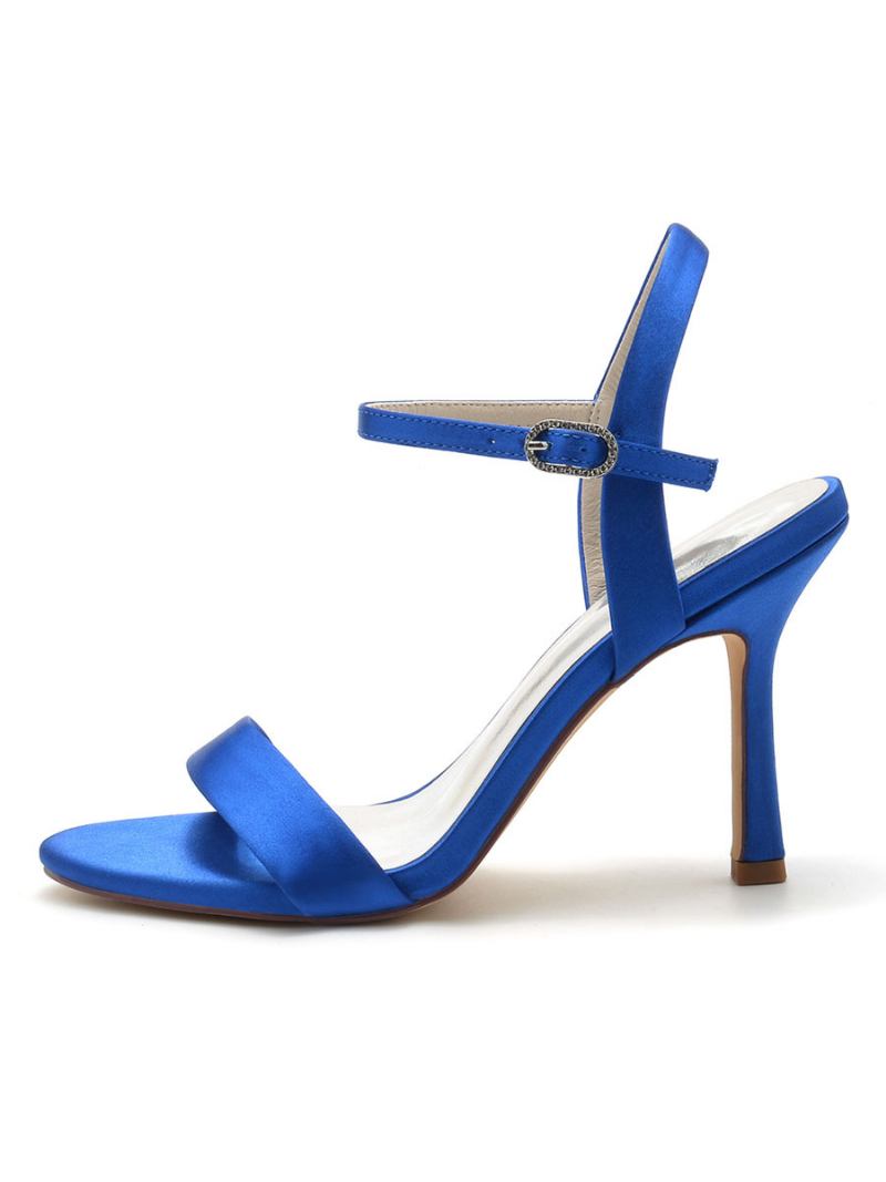 Sapatos Femininos Casamento Cetim Com Bico Aberto E Salto Grosso - Azul Royal