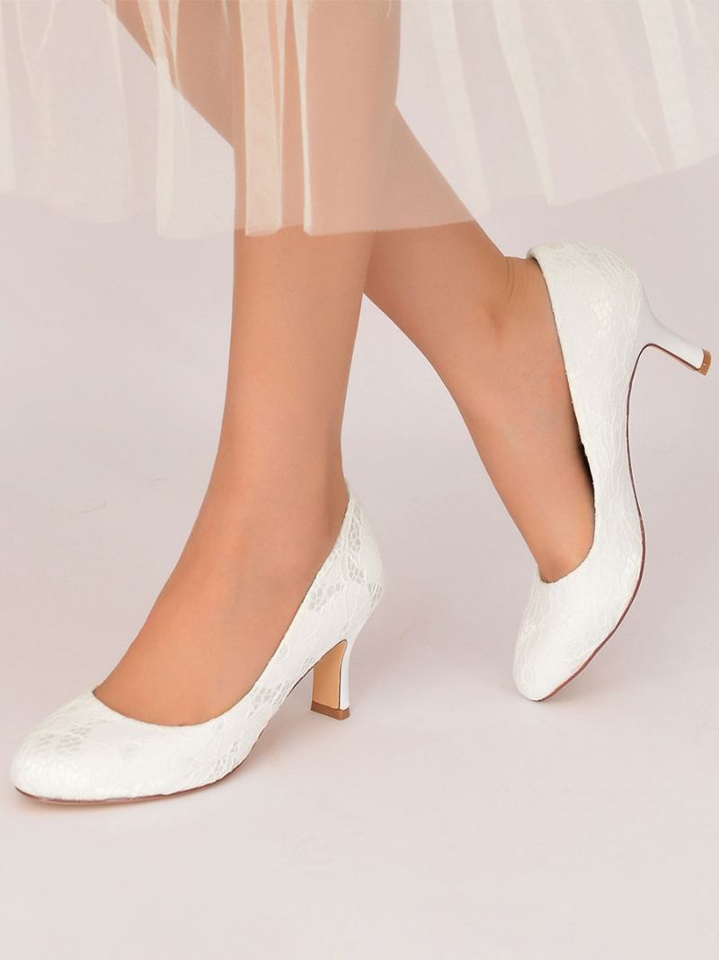 Sapatos Femininos Casamento Com Bico Redondo E Salto Grosso - Branco