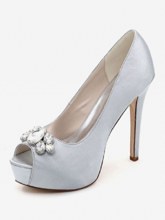 Sapatos Femininos Casamento Com Plataforma Peep Toe Salto Agulha Em Cetim