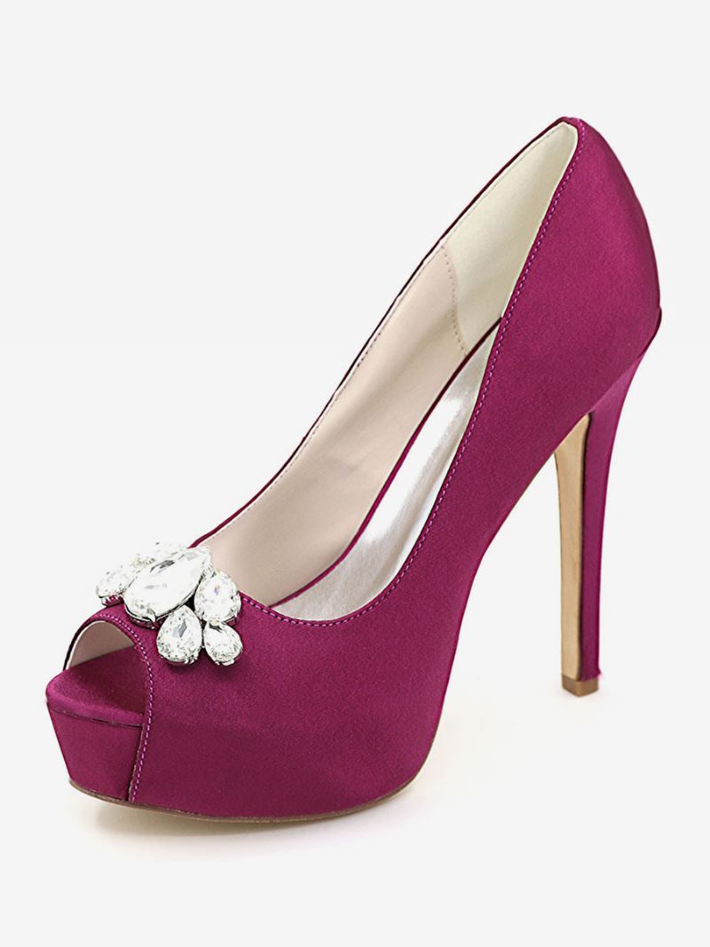 Sapatos Femininos Casamento Com Plataforma Peep Toe Salto Agulha Em Cetim - Roxo