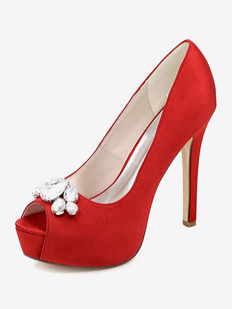 Sapatos Femininos Casamento Com Plataforma Peep Toe Salto Agulha Em Cetim - Vermelho