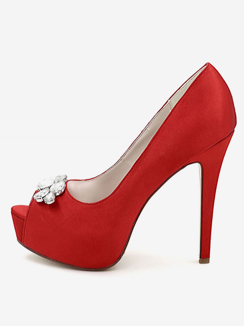 Sapatos Femininos Casamento Com Plataforma Peep Toe Salto Agulha Em Cetim - Vermelho