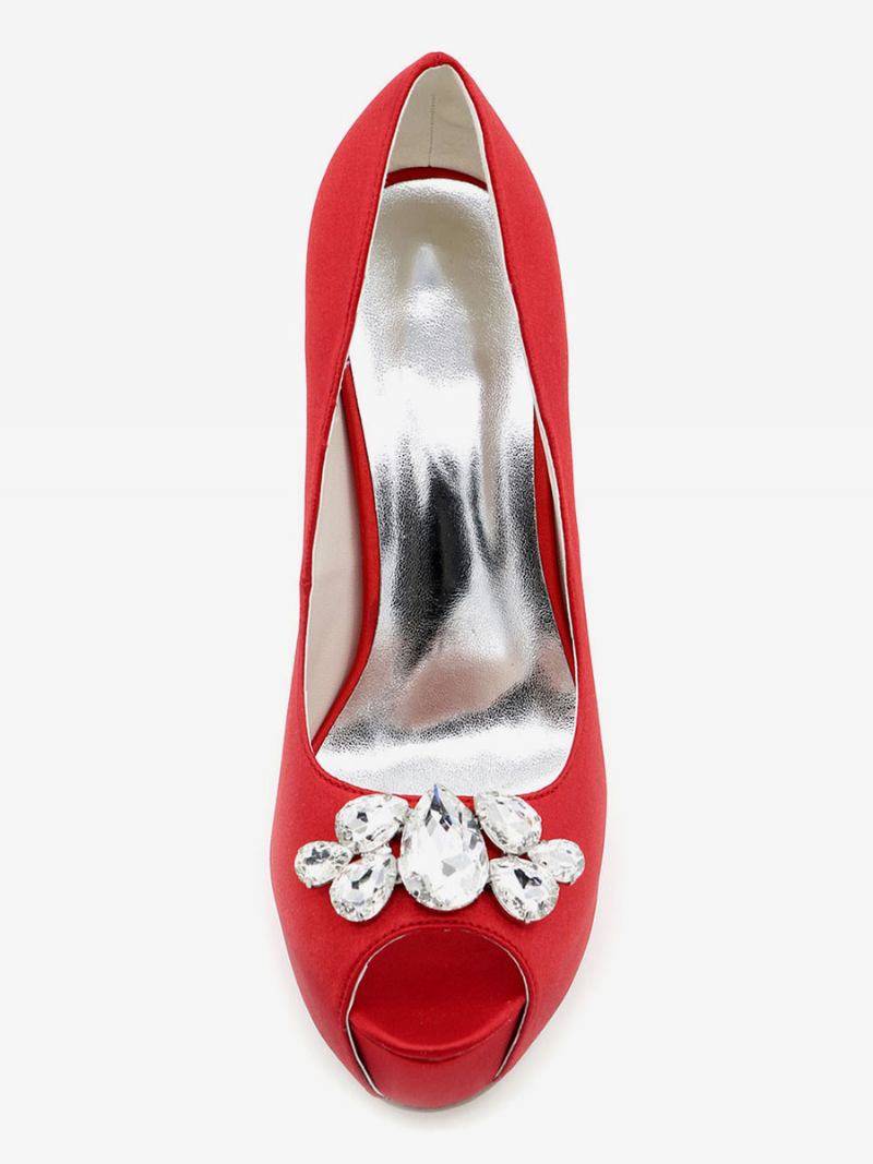 Sapatos Femininos Casamento Com Plataforma Peep Toe Salto Agulha Em Cetim - Vermelho