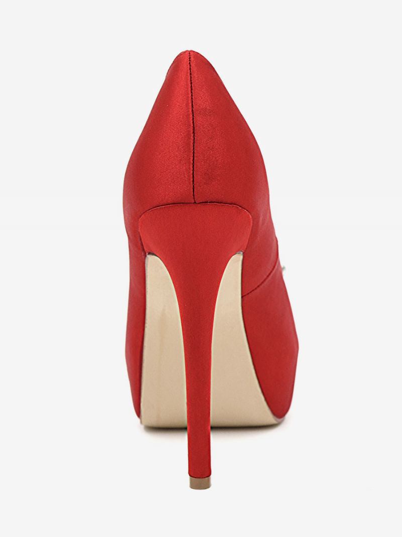 Sapatos Femininos Casamento Com Plataforma Peep Toe Salto Agulha Em Cetim - Vermelho