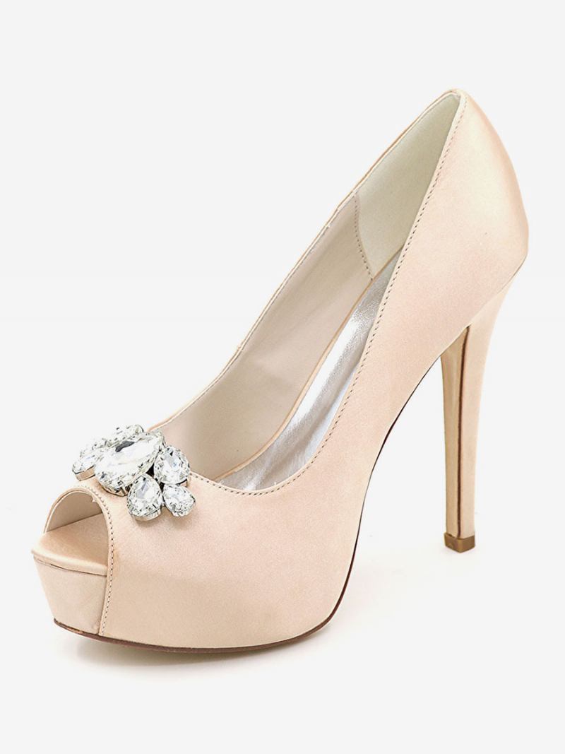 Sapatos Femininos Casamento Com Plataforma Peep Toe Salto Agulha Em Cetim - Champanhe