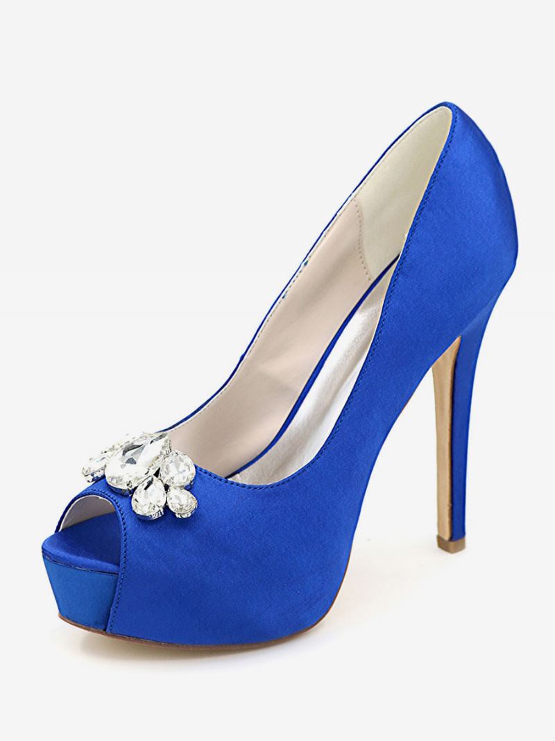 Sapatos Femininos Casamento Com Plataforma Peep Toe Salto Agulha Em Cetim - Azul