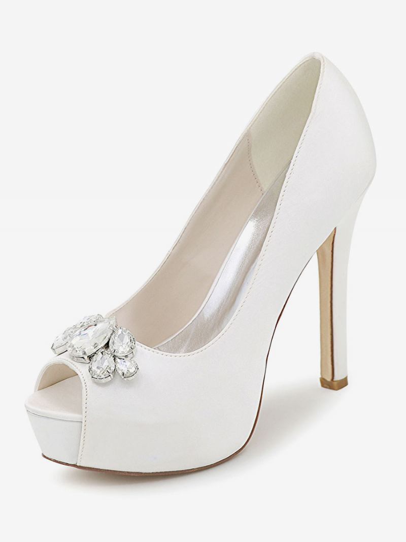 Sapatos Femininos Casamento Com Plataforma Peep Toe Salto Agulha Em Cetim - Branco