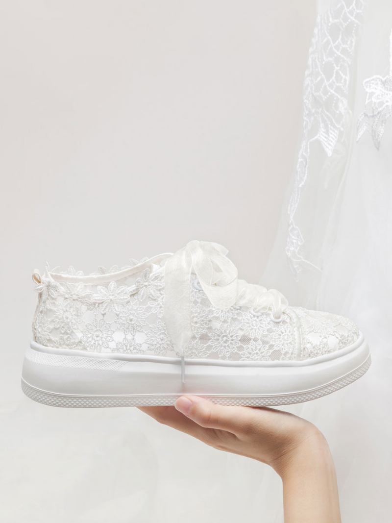 Sapatos Femininos Casamento Com Renda E Bico Redondo Cadarço Noiva Para Skate - Marfim