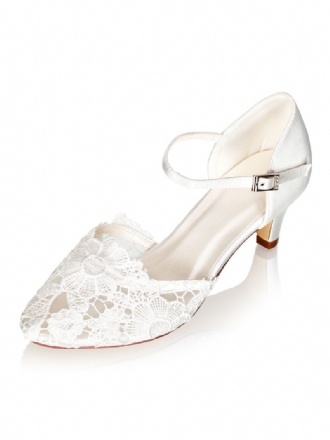 Sapatos Femininos Casamento Com Renda Marfim Bico Fino Salto Gatinho Noiva Vintage