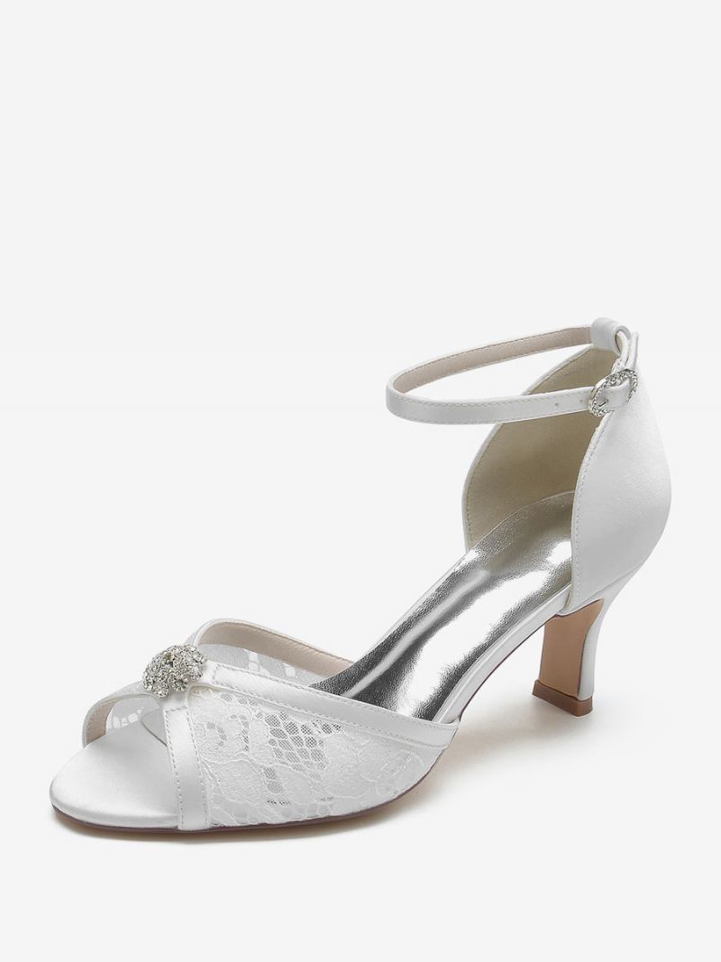 Sapatos Femininos Casamento Com Renda Peep Toe Strass Salto Grosso Noiva - Branco