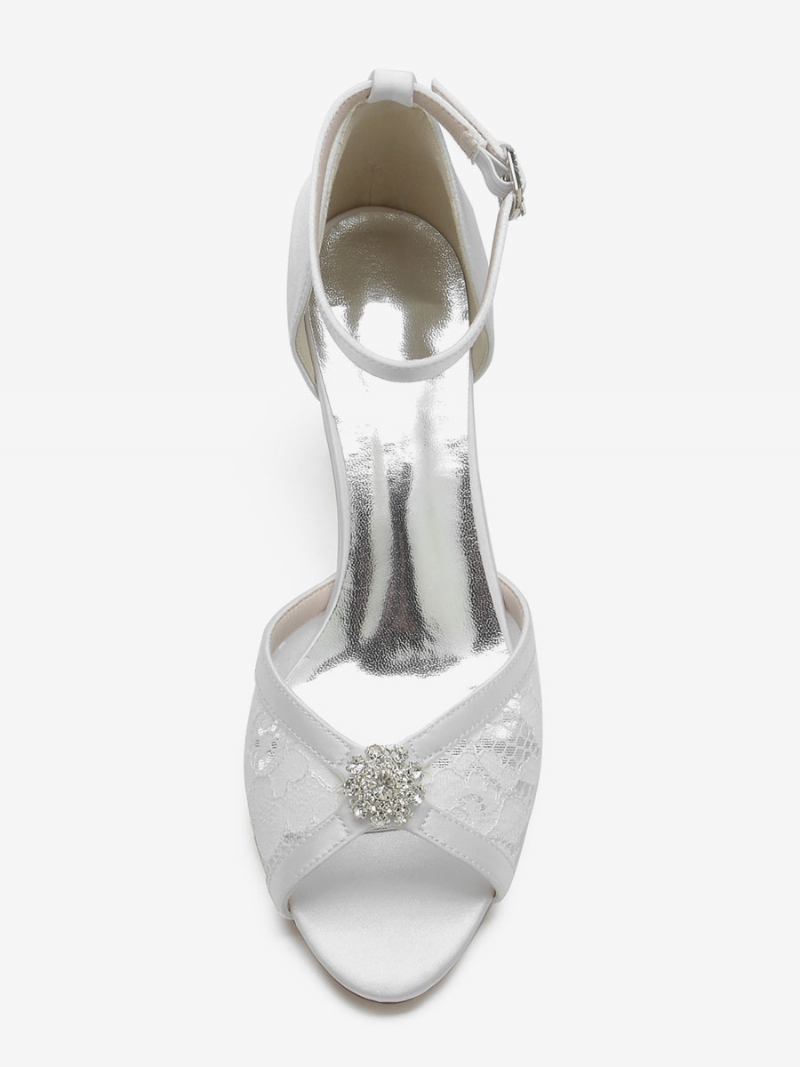 Sapatos Femininos Casamento Com Renda Peep Toe Strass Salto Grosso Noiva - Branco