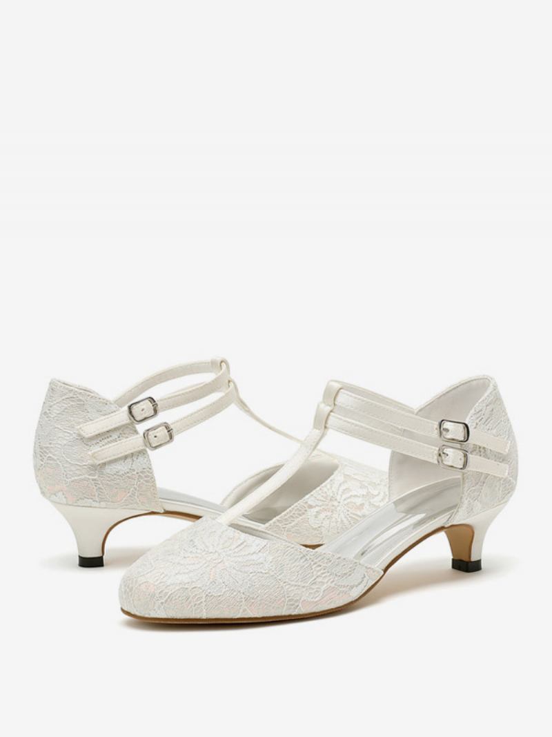 Sapatos Femininos Casamento Com Renda Vintage Bico Redondo Alça Em T Bombas Noiva - Branco