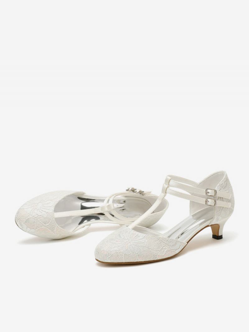 Sapatos Femininos Casamento Com Renda Vintage Bico Redondo Alça Em T Bombas Noiva - Branco