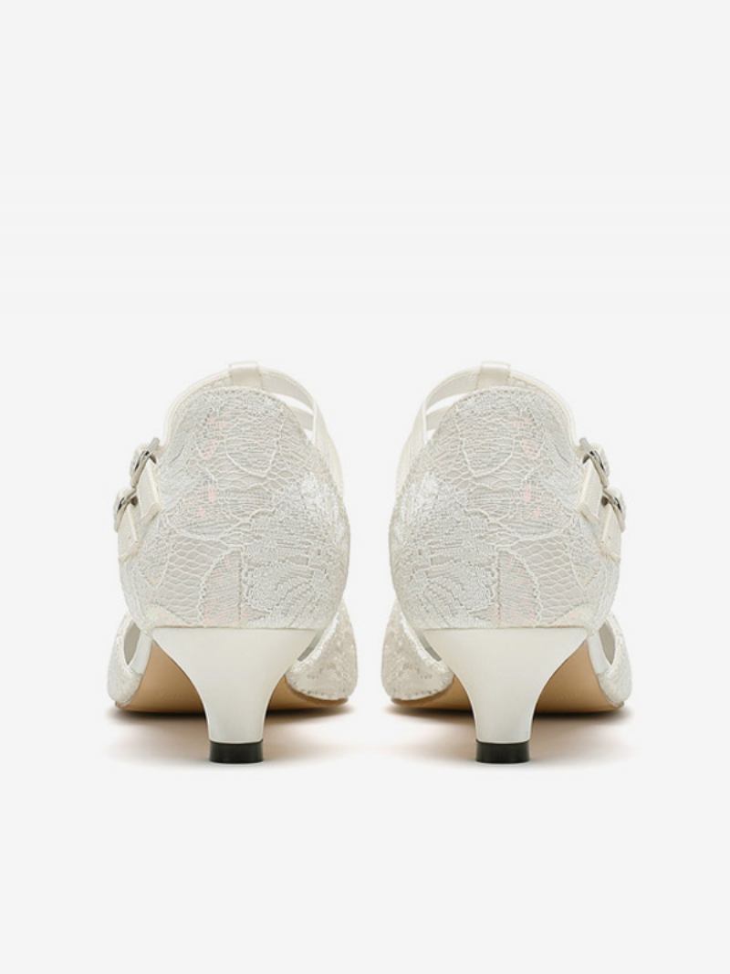 Sapatos Femininos Casamento Com Renda Vintage Bico Redondo Alça Em T Bombas Noiva - Branco