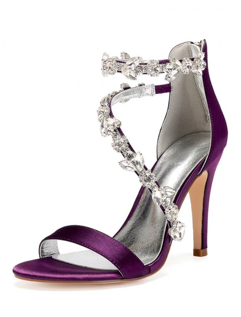 Sapatos Femininos Casamento Com Tira Strass E Sandálias Salto Alto - Roxo