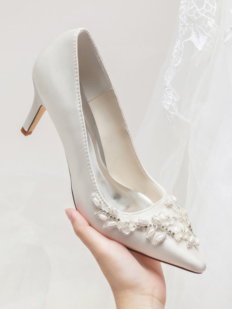 Sapatos Femininos Casamento Em Marfim Com Bico Fino E Strass - Marfim