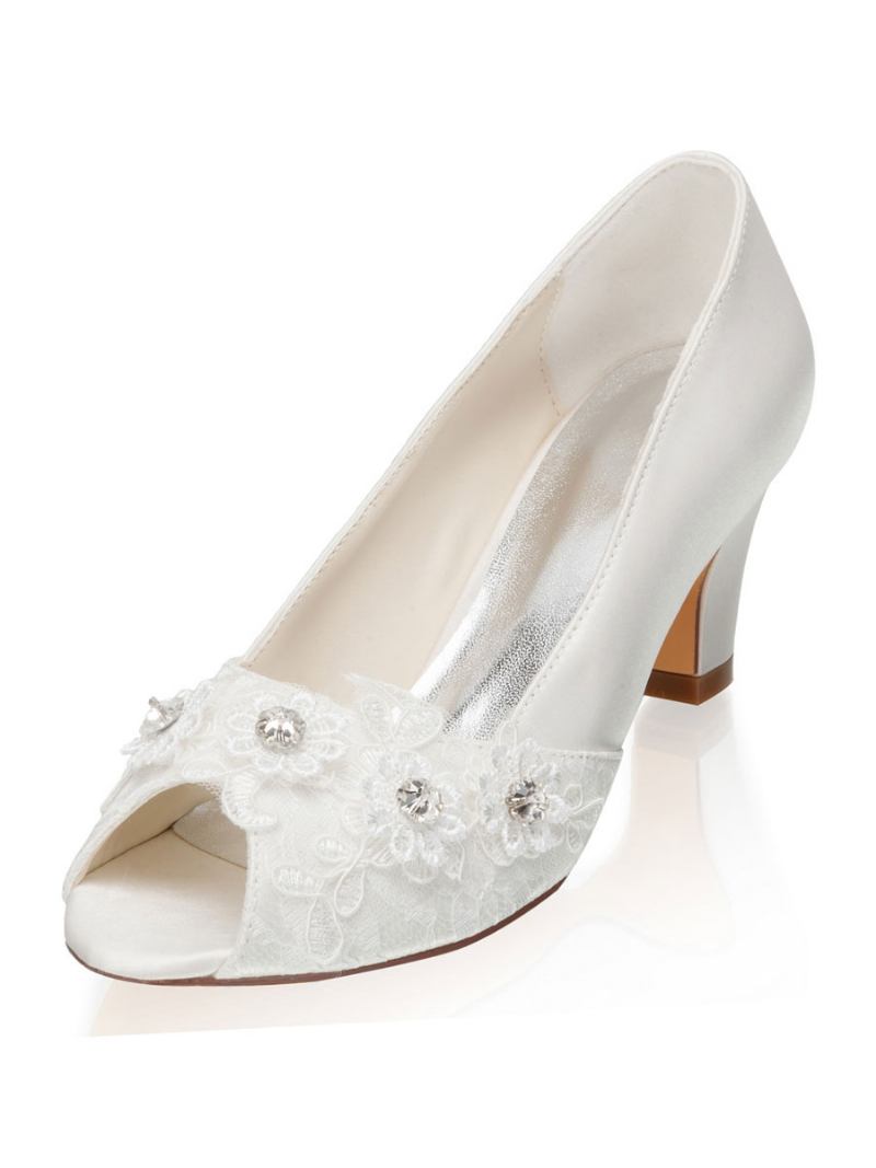 Sapatos Femininos Casamento Marfim Com Strass Cetim Peep Toe Noiva Salto Grosso