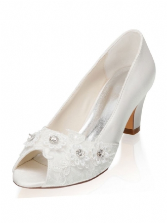 Sapatos Femininos Casamento Marfim Com Strass Cetim Peep Toe Noiva Salto Grosso