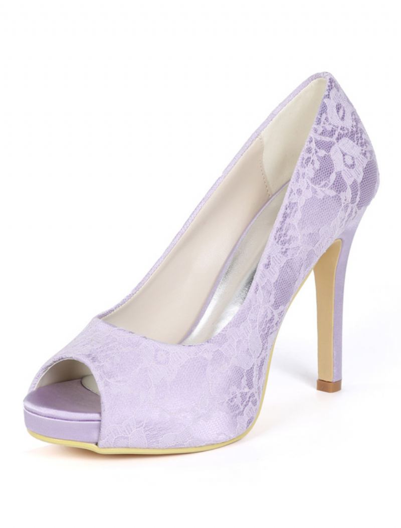 Sapatos Femininos Casamento Marfim Renda Peep Toe Salto Alto Mãe Da Noiva - Roxo