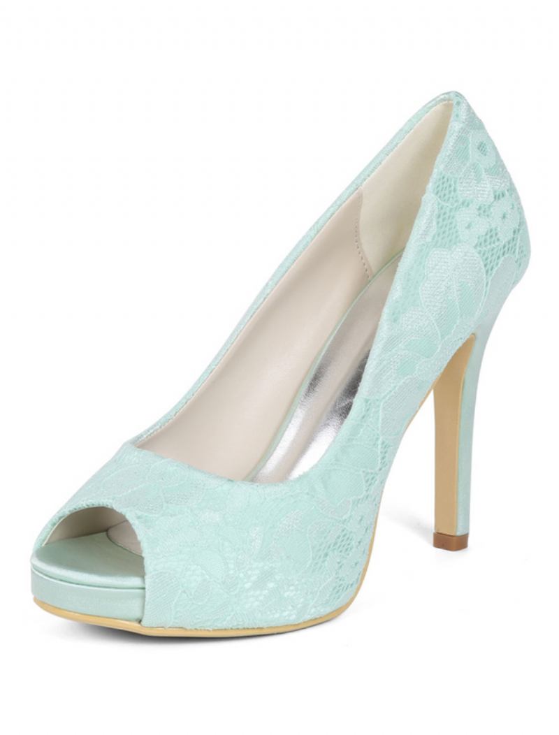 Sapatos Femininos Casamento Marfim Renda Peep Toe Salto Alto Mãe Da Noiva - Verde Claro