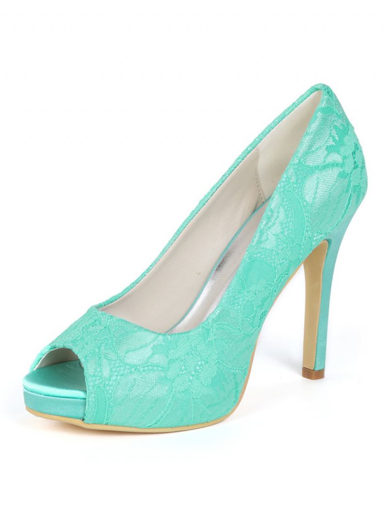 Sapatos Femininos Casamento Marfim Renda Peep Toe Salto Alto Mãe Da Noiva - Verde Menta