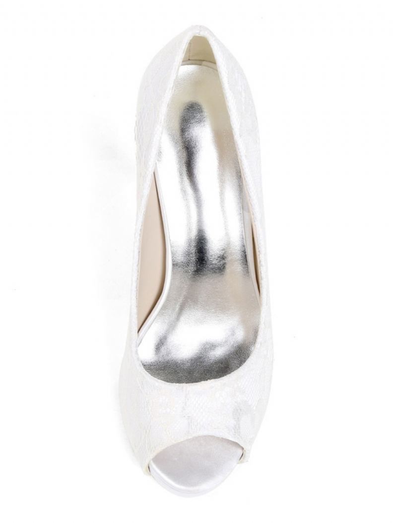 Sapatos Femininos Casamento Marfim Renda Peep Toe Salto Alto Mãe Da Noiva - Branco