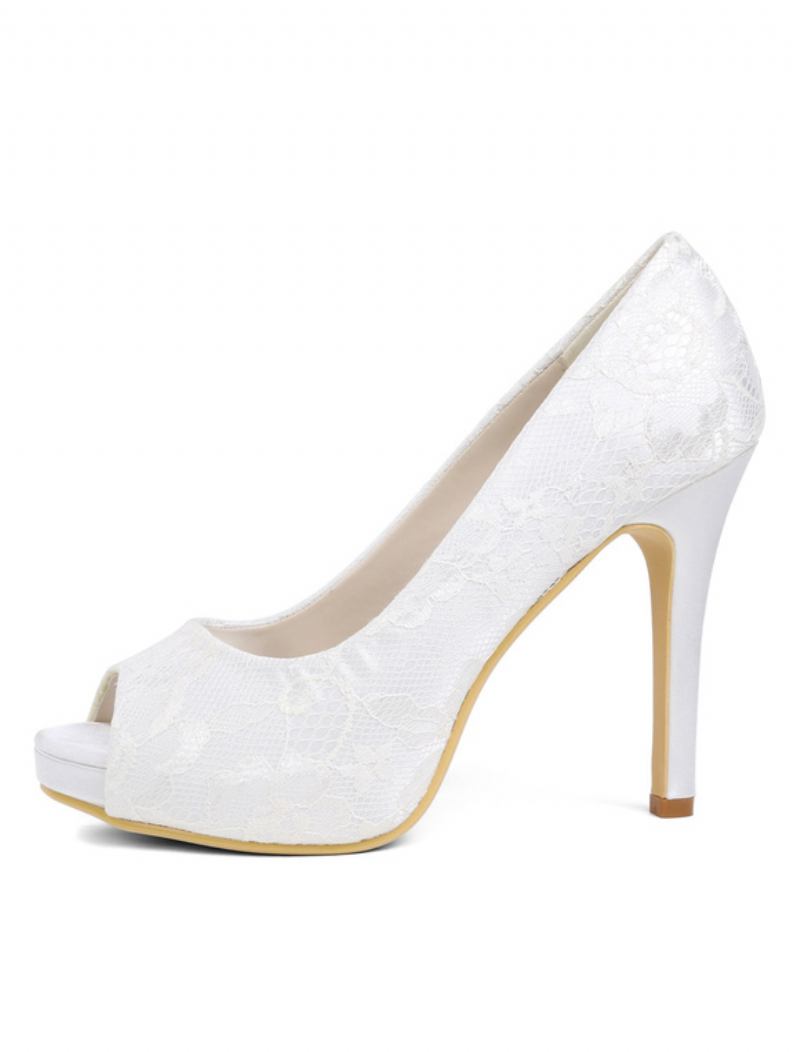 Sapatos Femininos Casamento Marfim Renda Peep Toe Salto Alto Mãe Da Noiva - Branco