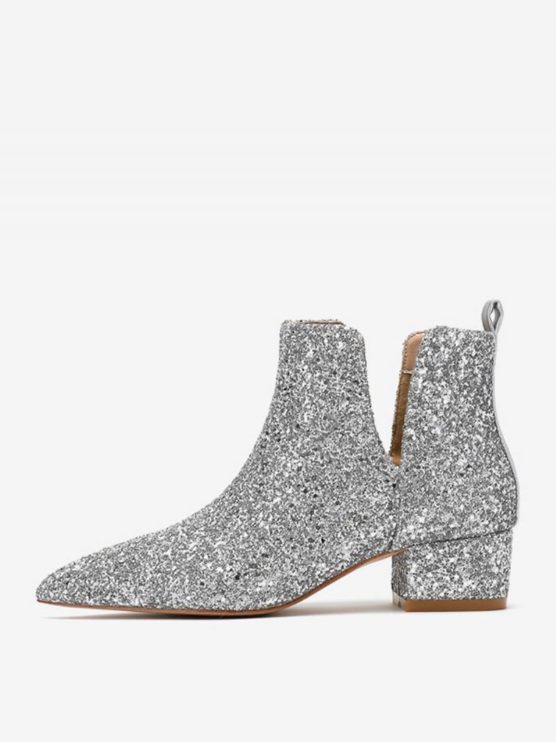 Sapatos Femininos Casamento Prateados Com Bico Quadrado E Salto Bloco Glitter - Prata