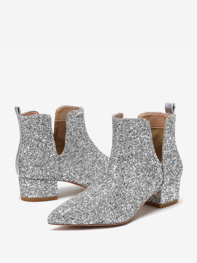 Sapatos Femininos Casamento Prateados Com Bico Quadrado E Salto Bloco Glitter - Prata