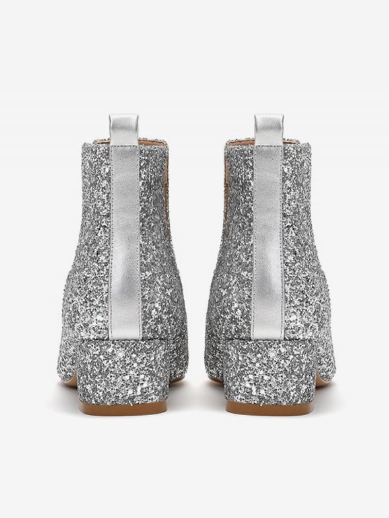 Sapatos Femininos Casamento Prateados Com Bico Quadrado E Salto Bloco Glitter - Prata