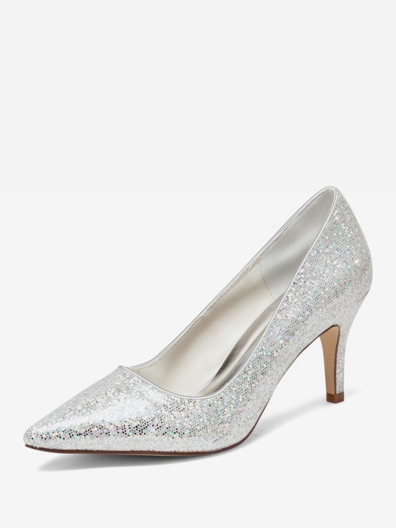 Sapatos Femininos Casamento Prateados Com Glitter Bico Fino Salto Gatinho Bombas Noiva