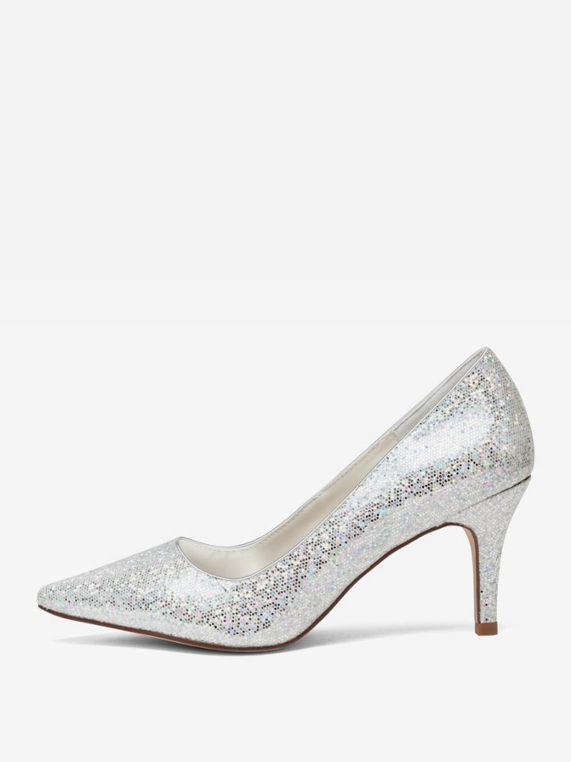 Sapatos Femininos Casamento Prateados Com Glitter Bico Fino Salto Gatinho Bombas Noiva - Prata