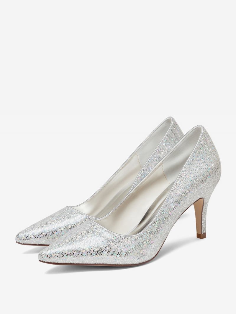 Sapatos Femininos Casamento Prateados Com Glitter Bico Fino Salto Gatinho Bombas Noiva - Prata