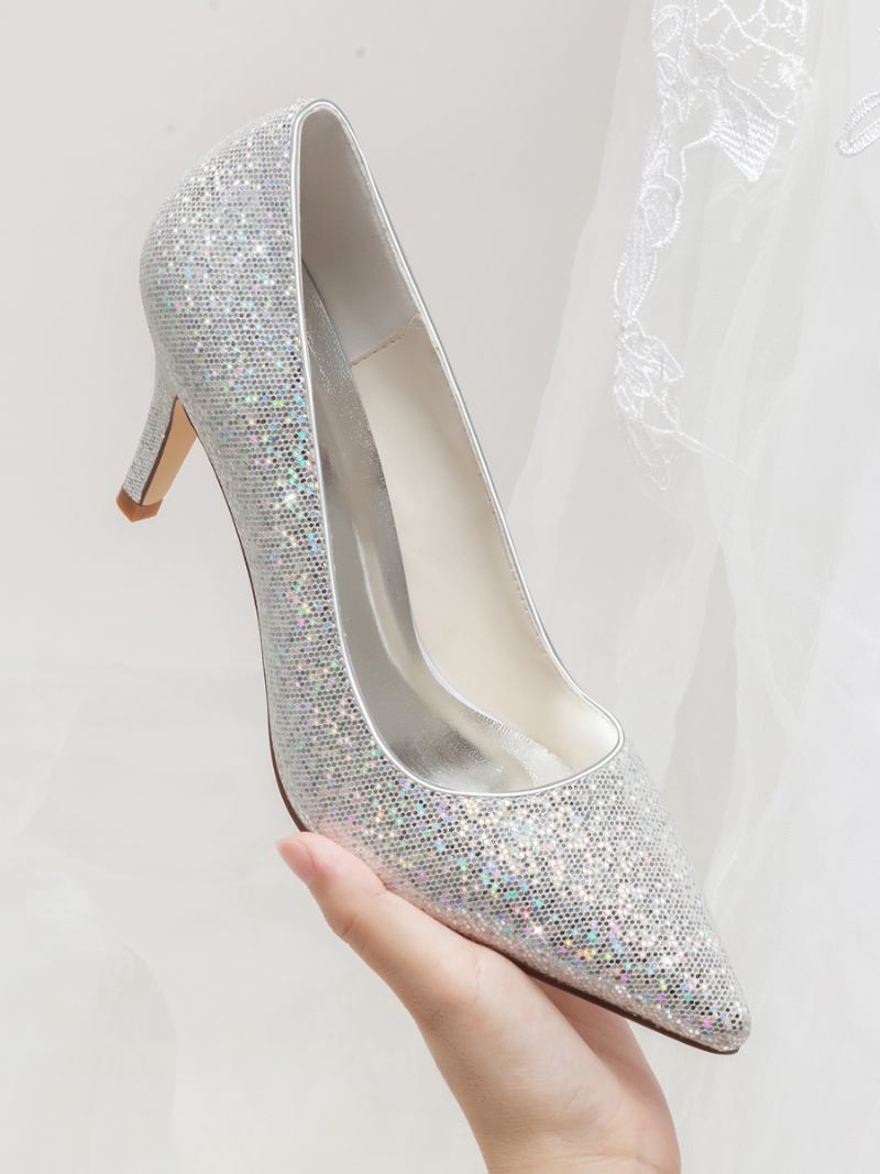 Sapatos Femininos Casamento Prateados Com Glitter Bico Fino Salto Gatinho Bombas Noiva - Prata