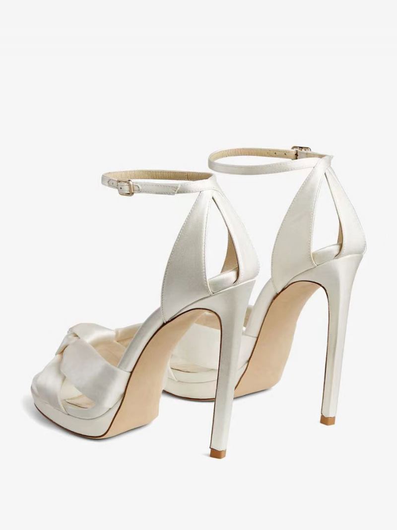 Sapatos Femininos Cetim Para Casamento Baile Brancos Bico Aberto Tira No Tornozelo Sandálias Salto Alto - Branco